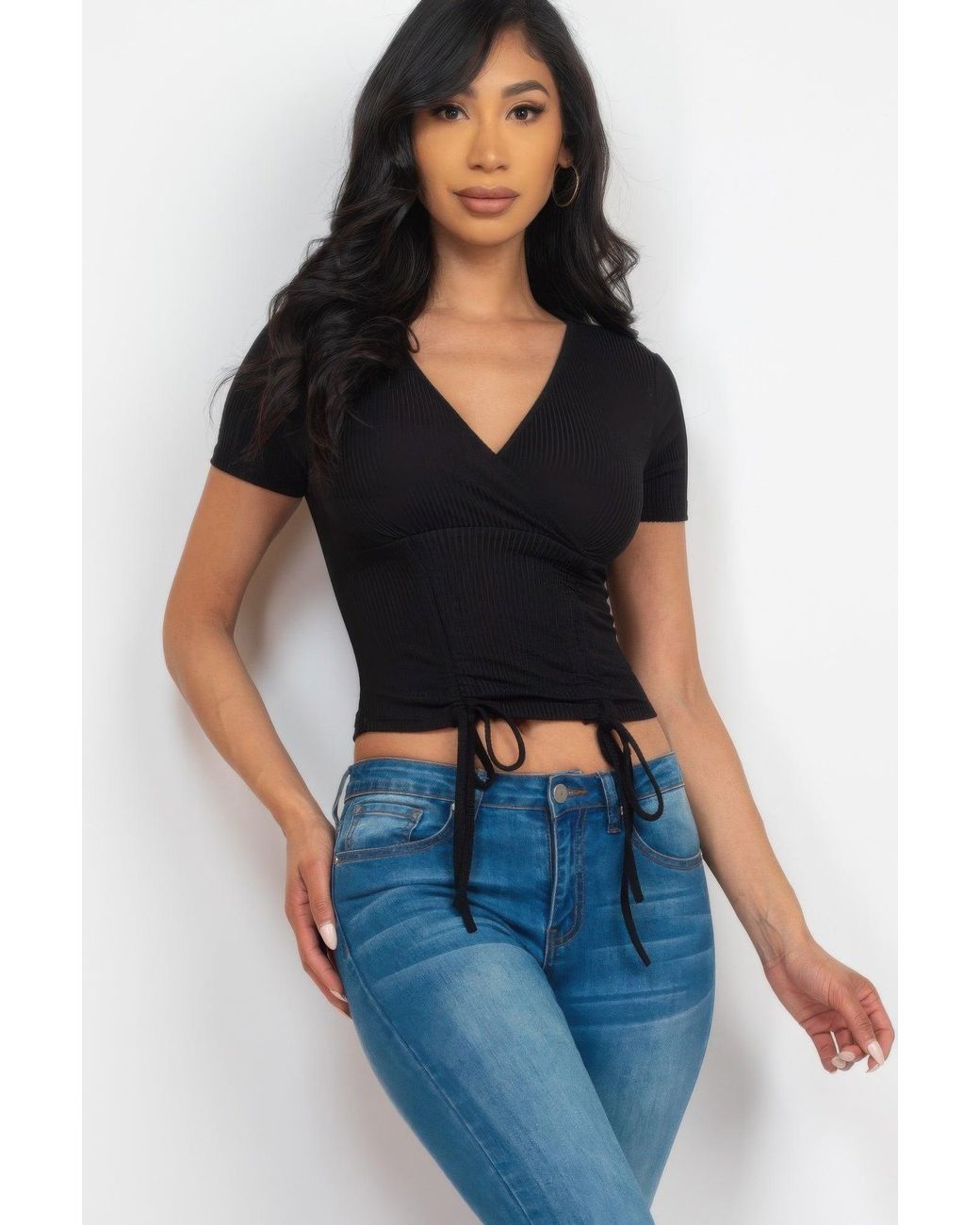 TRUEDAMES Blue Ribbed Ruched Drawstring Surplice Top