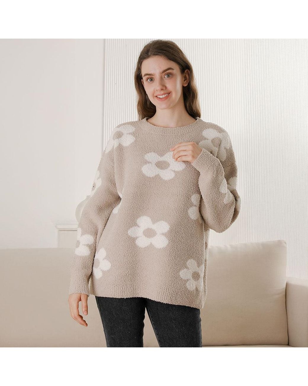 TRUEDAMES Natural Cozy Daisy Pattern Crew Neck Sweater