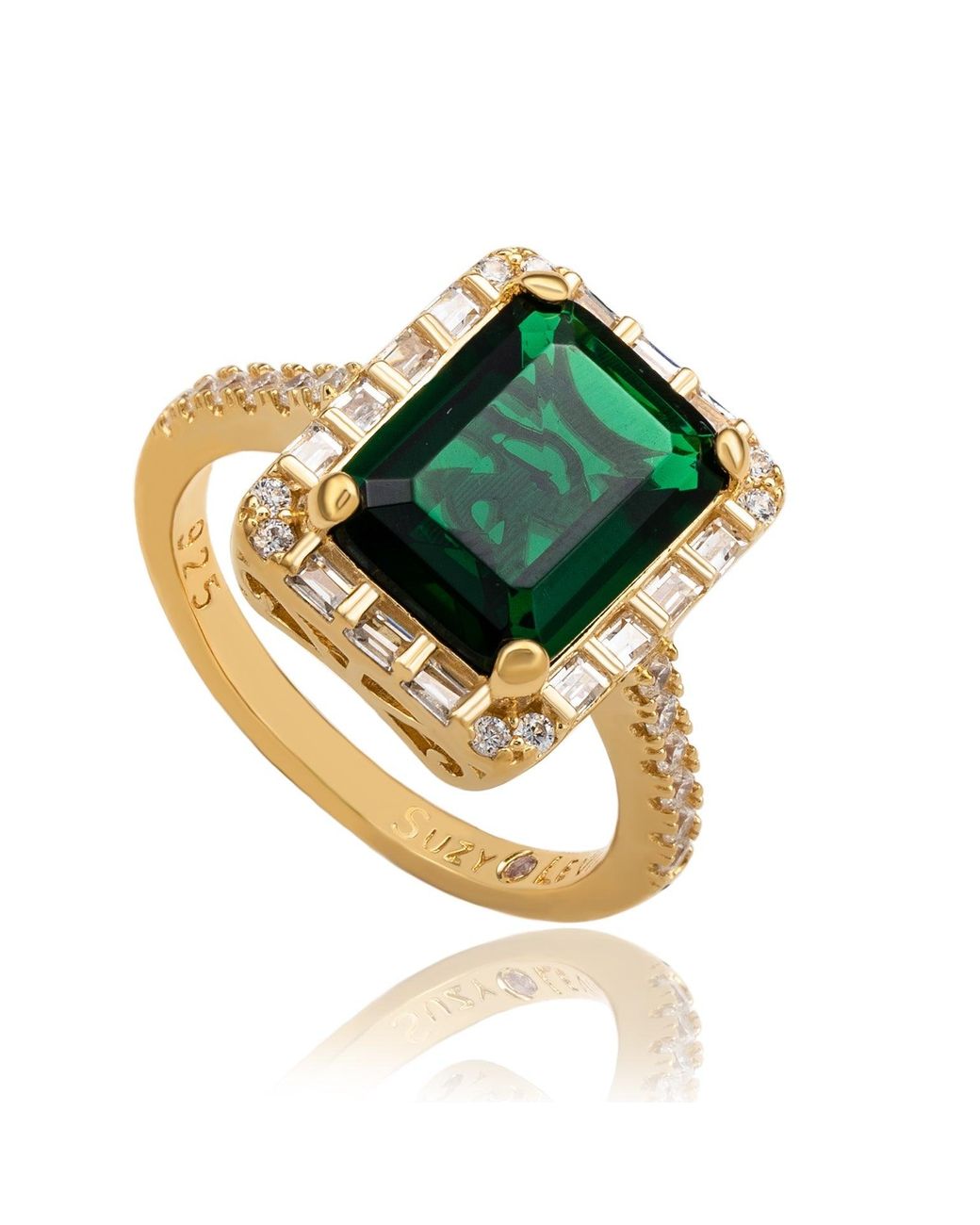 Suzy Levian Red Rose Sterling Large Emerald-Cut Cubic Zirconia And Baguette Cubic Zirconia Halo Ring