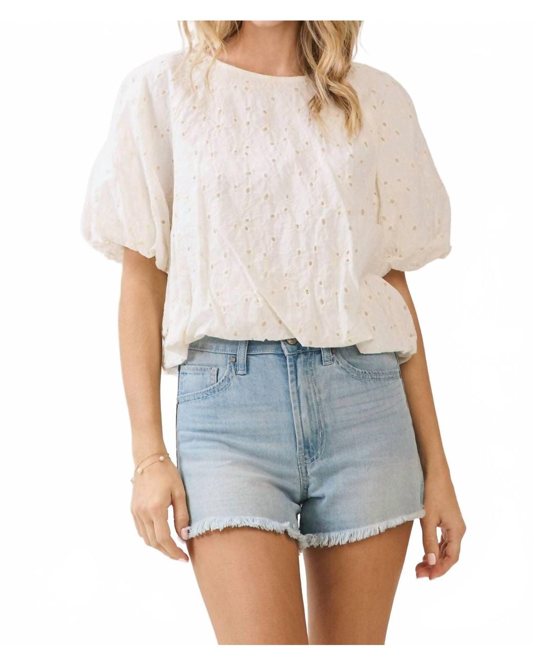 TCEC Blue Eyelet Bubble Sleeve Top