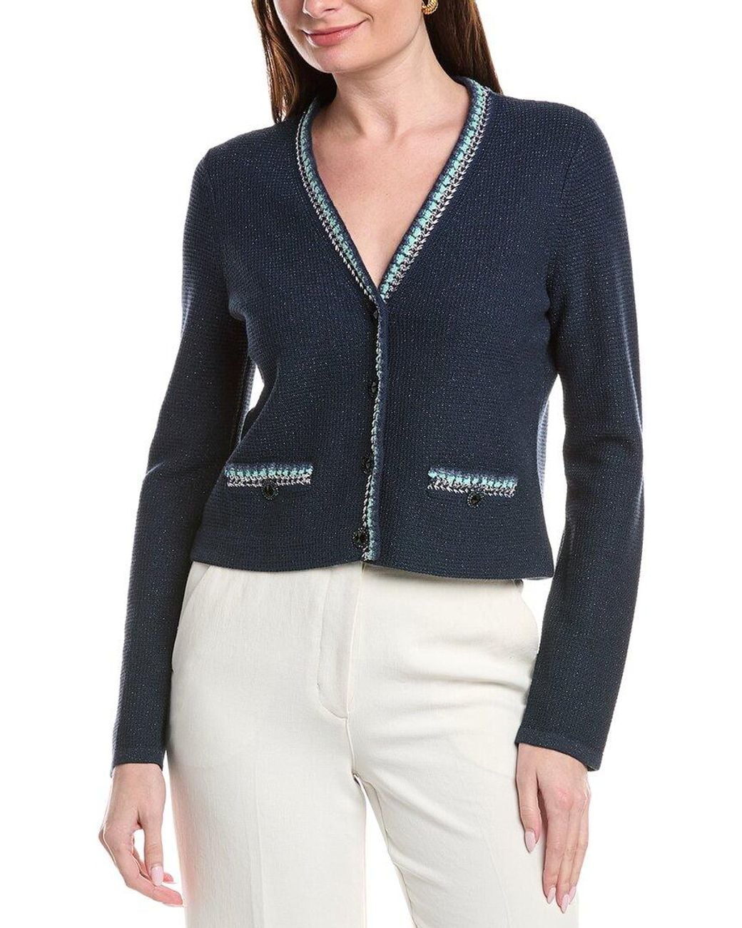 St. John Blue V-Neck Four Button Jacket