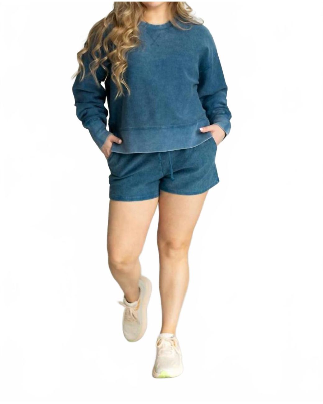 MOON RYDER Blue Cropped Corded Crew Neck