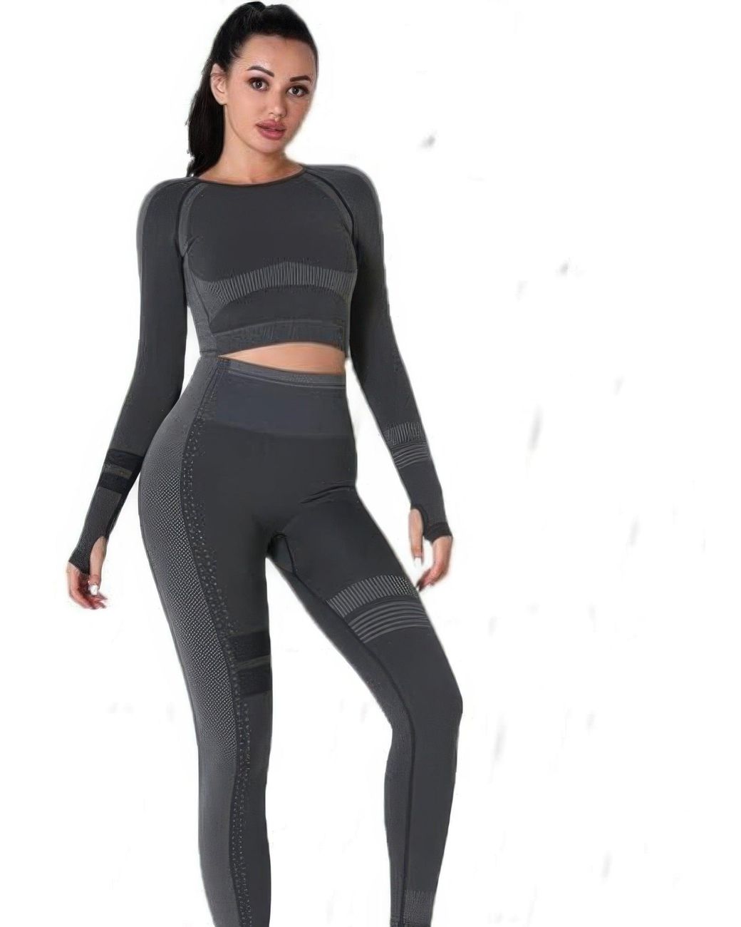 TRUEDAMES Black Seamless Long Sleeve Solid Yoga Set