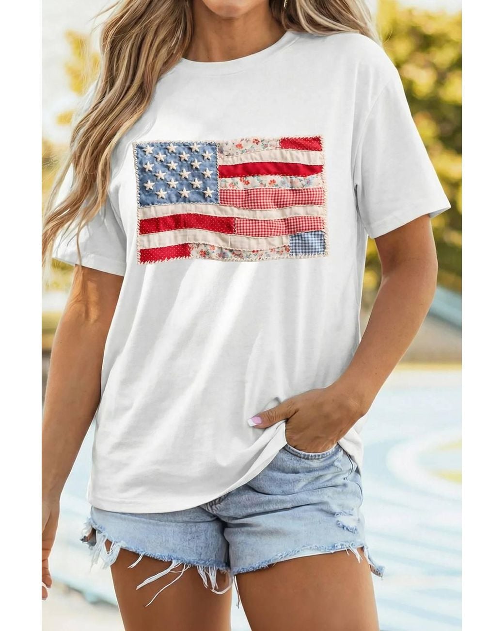 Shewin White American Flag Patchwork Casual Tee