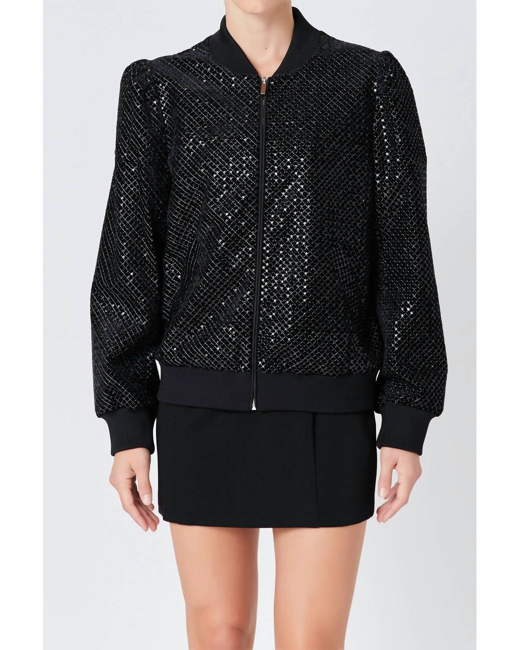 Endless Rose Black Velvet Sequin Bomber Jacket