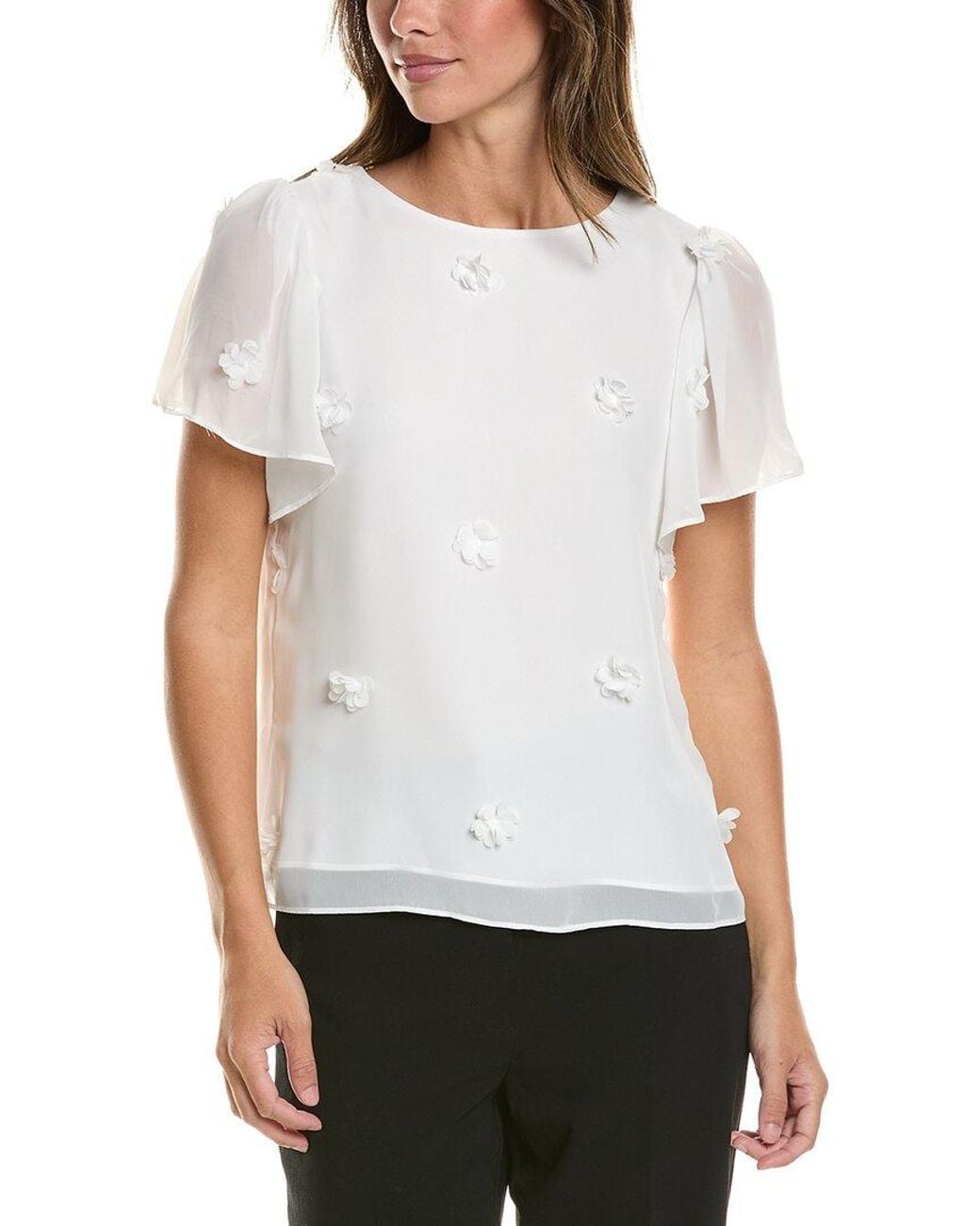 Cece White Flutter Crewneck Flower Top