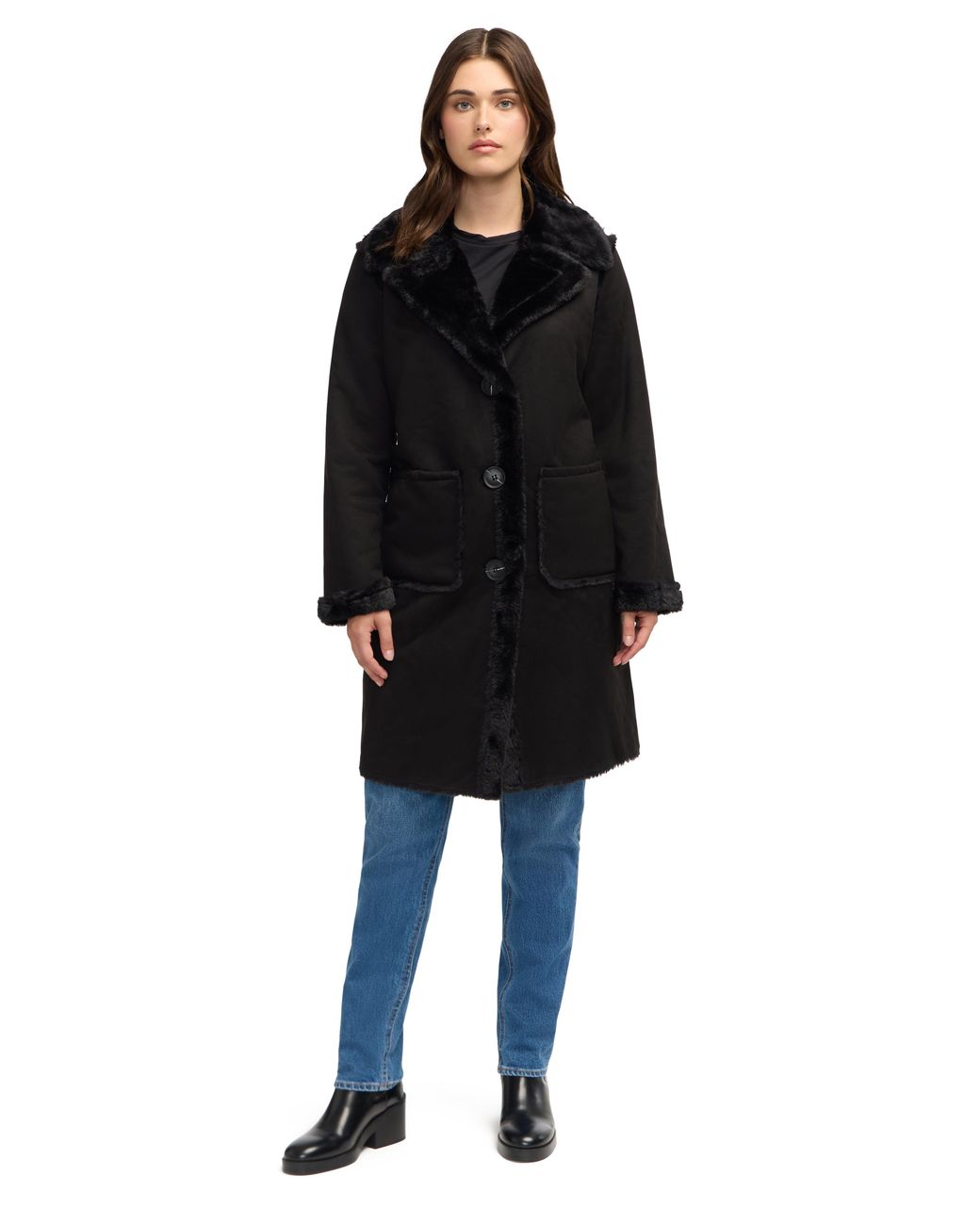 NVLT Black Single Breasted Shearling Coat
