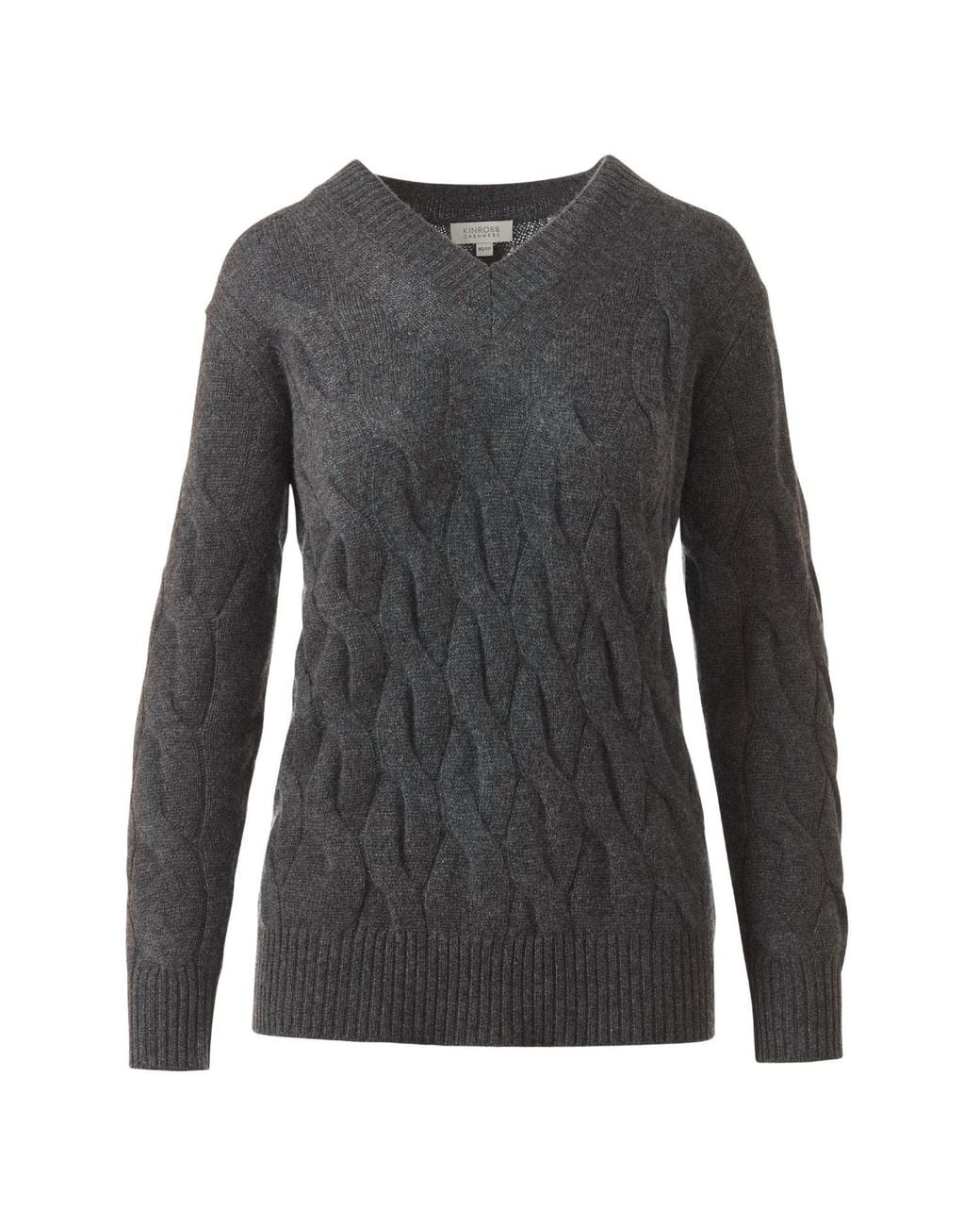Kinross Cashmere Gray Long Cable Vee Pullover