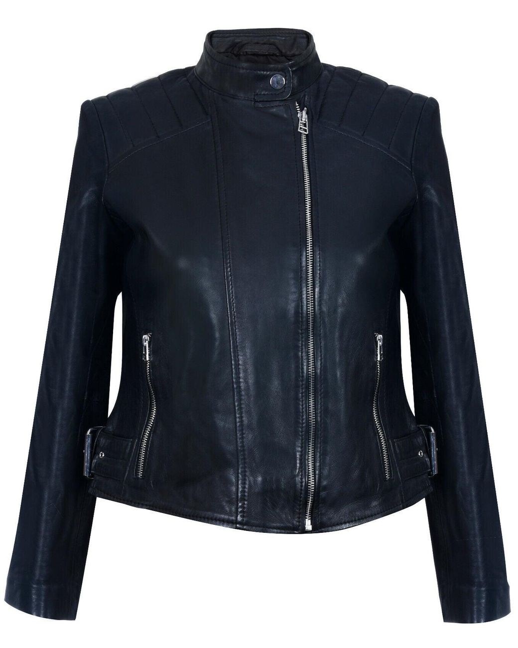 Infinity Leather Blue Leather Biker Jacket-Celaya