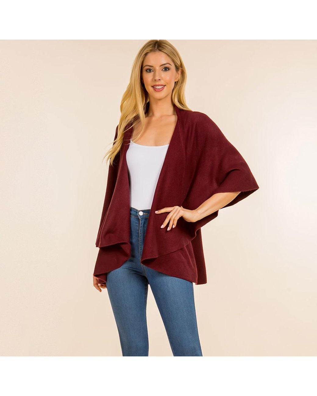 TRUEDAMES Red Open Front Solid Wrap Poncho