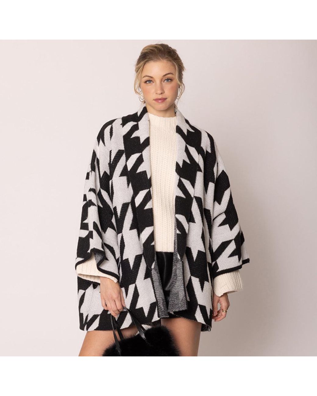 TRUEDAMES Black Open Front Houndstooth Knit Pattern Cardigan