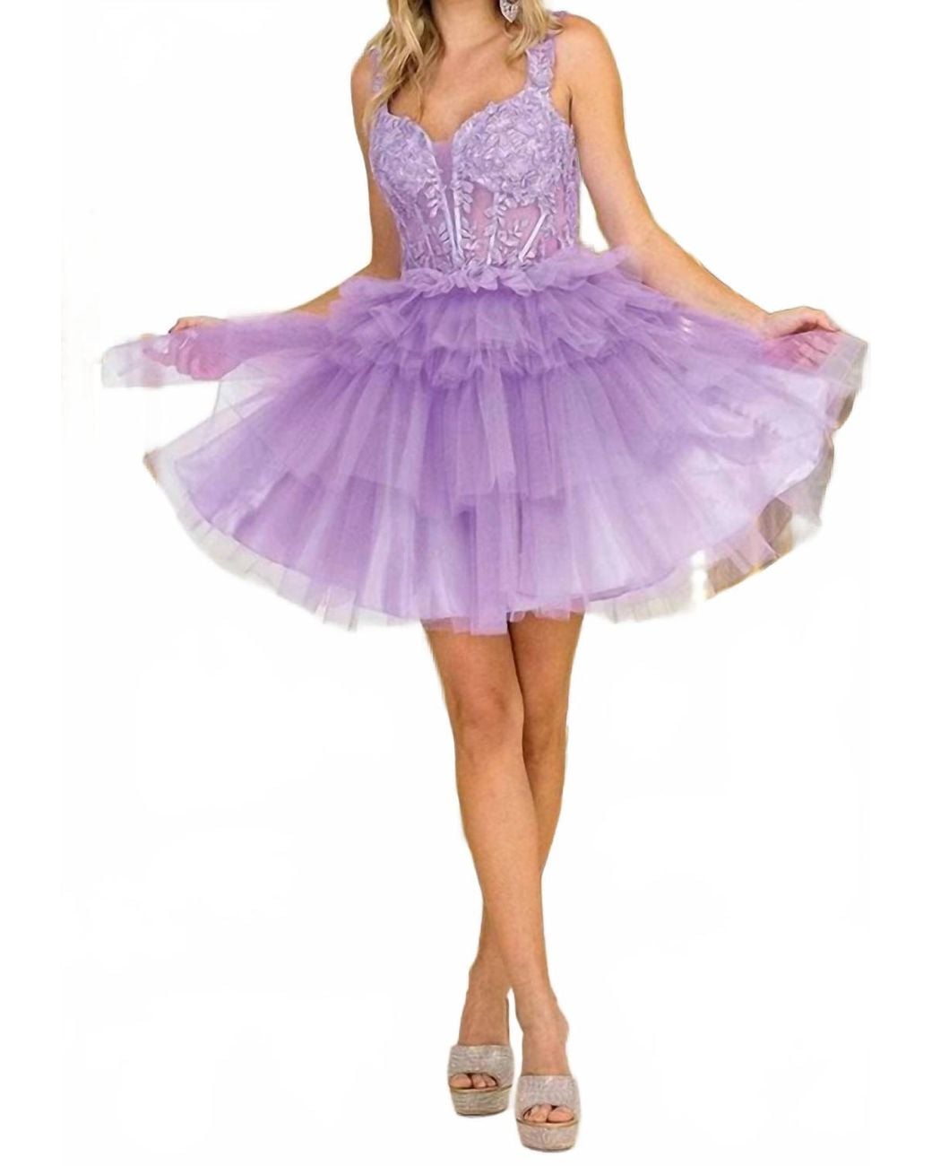 Short Ruffle Skrit Dancing Queen Lace Applique Tiered Ruffle Skirt Tulle Party Dress in ...