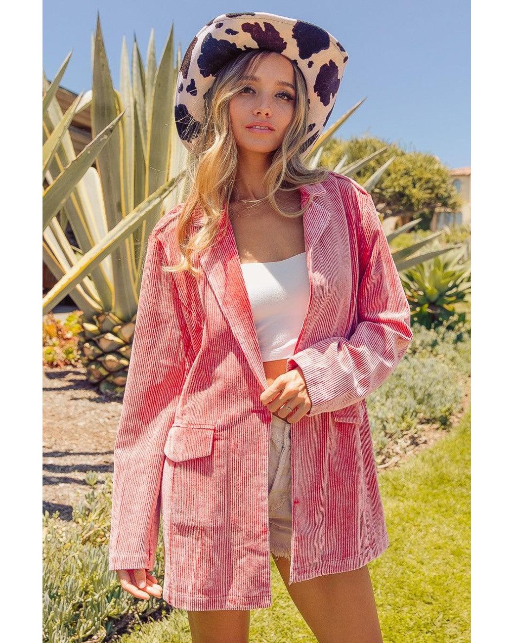 TRUEDAMES Pink Ribbed Button Up Long Sleeve Blazer