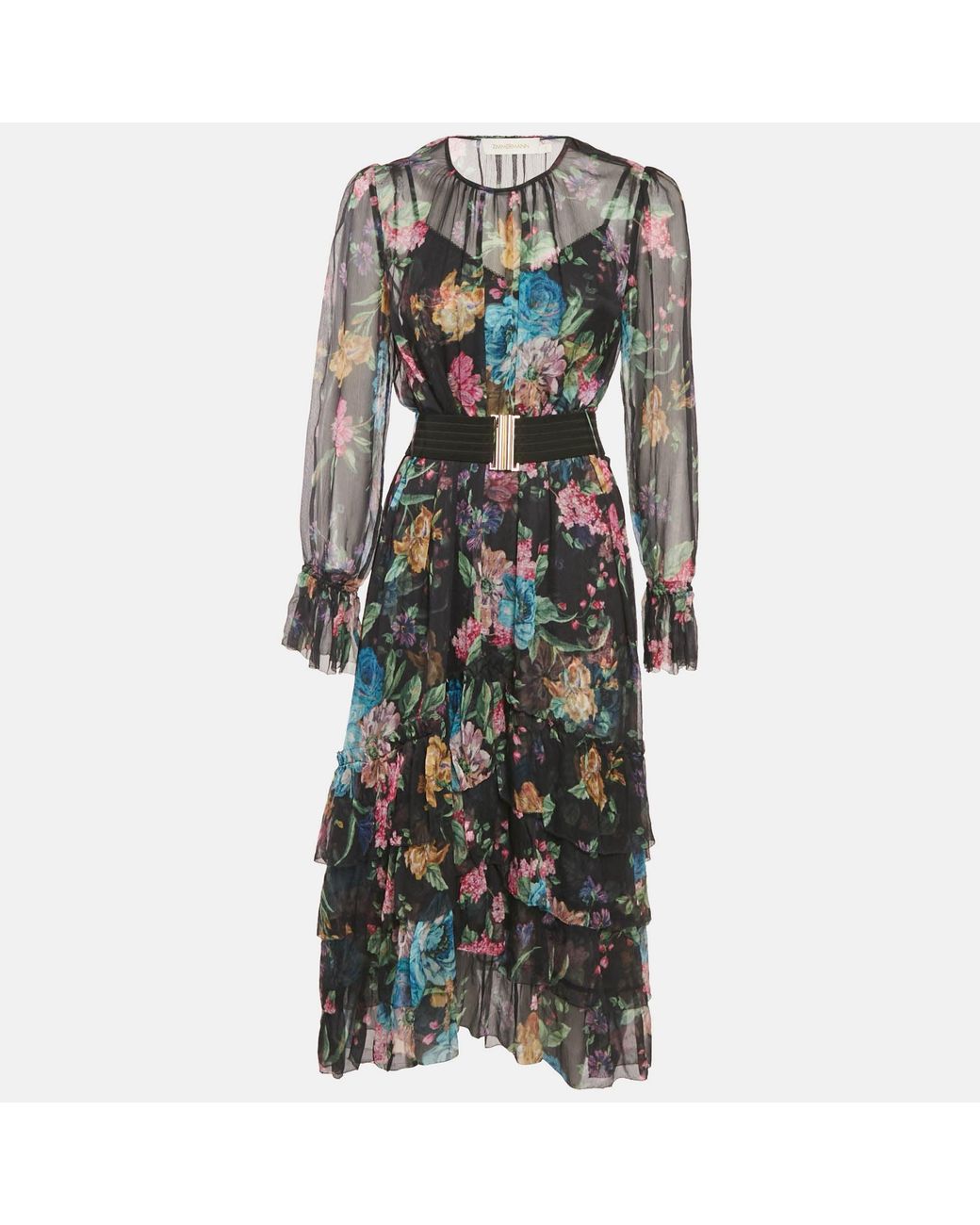 Zimmermann Black Floral Print Chiffon Asymmetric Midi Dress