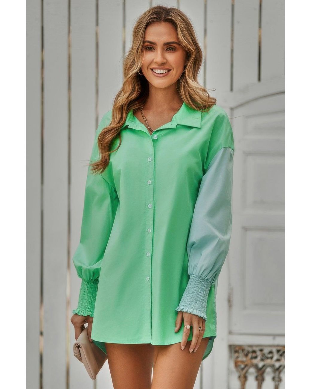 TRUEDAMES Green Color Block Button Down Cuffed Sleeves Blouse