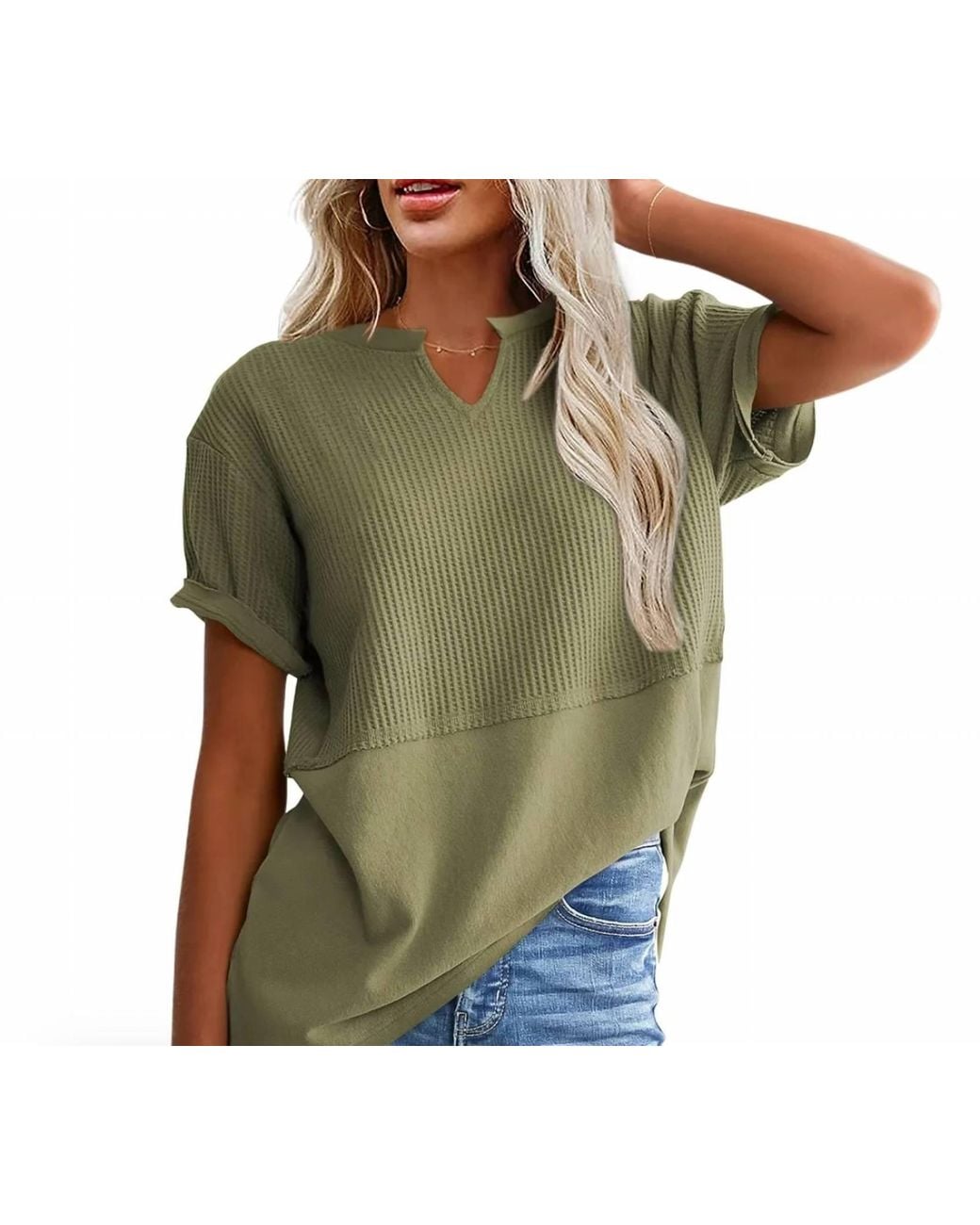 Shewin Green V Neck Split Top