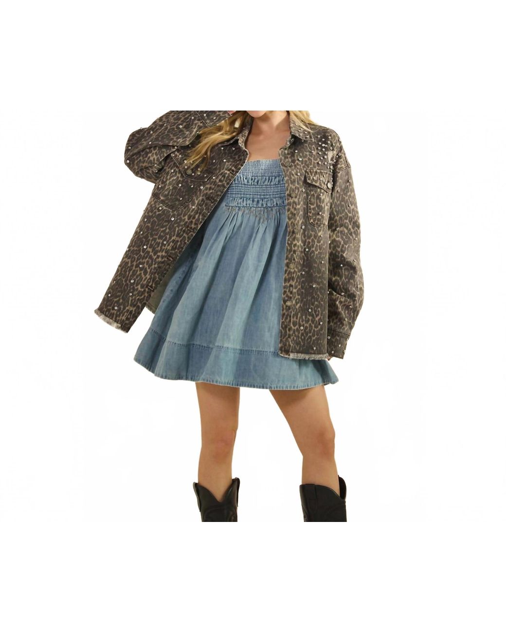 Veveret Gray Printed Rhinestone Denim Jacket