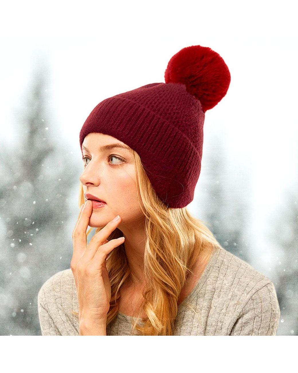 Fashnzfab Red Solid Earflap Knit Pom Pom Beanie Hat