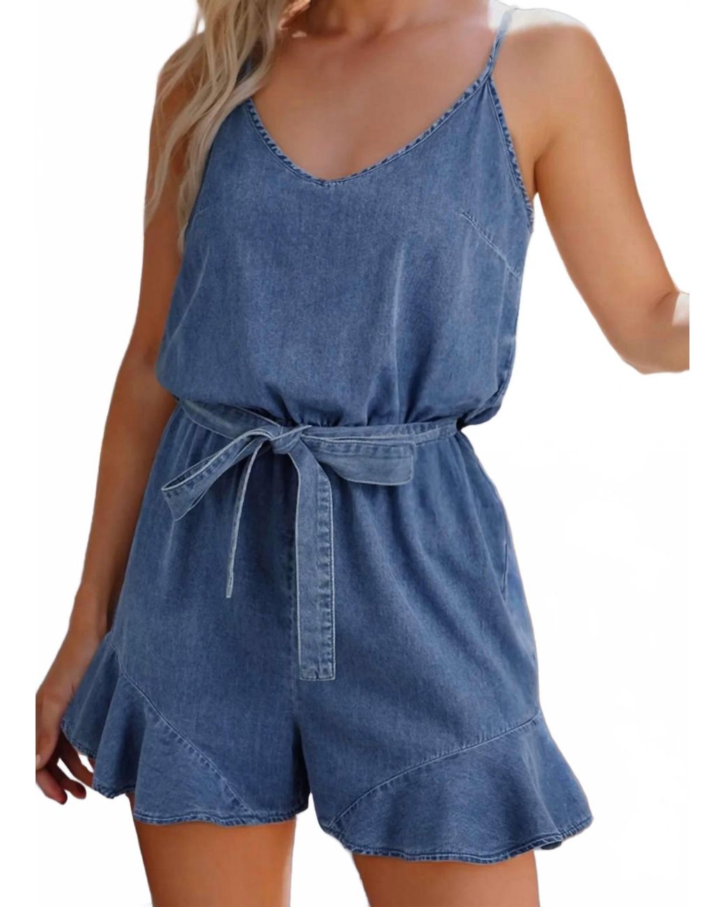 Little Daisy Closet Destiny Spaghetti Strap Denim Ruffle Romper in Blue ...