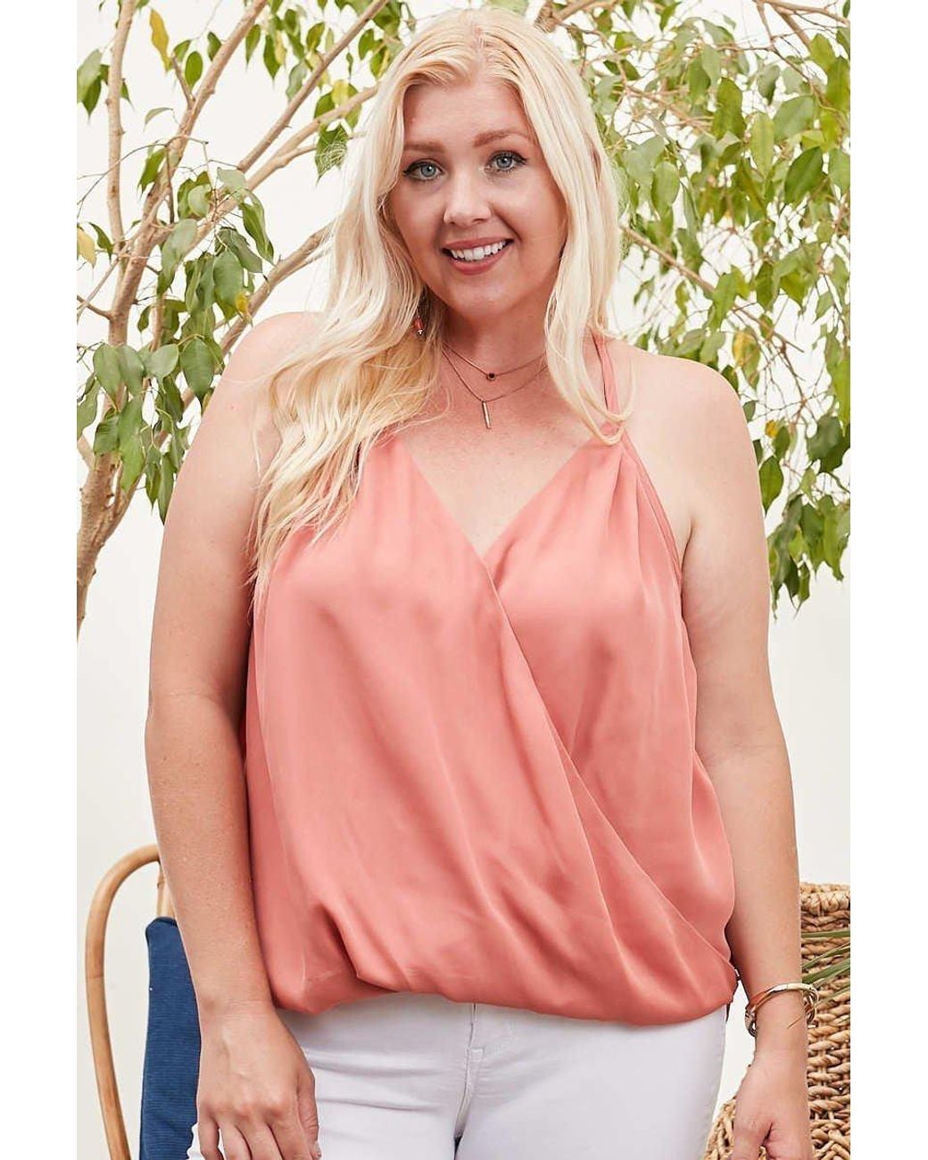 TRUEDAMES Pink Front Surplice Pleats Back Shirring Solid Cami Top