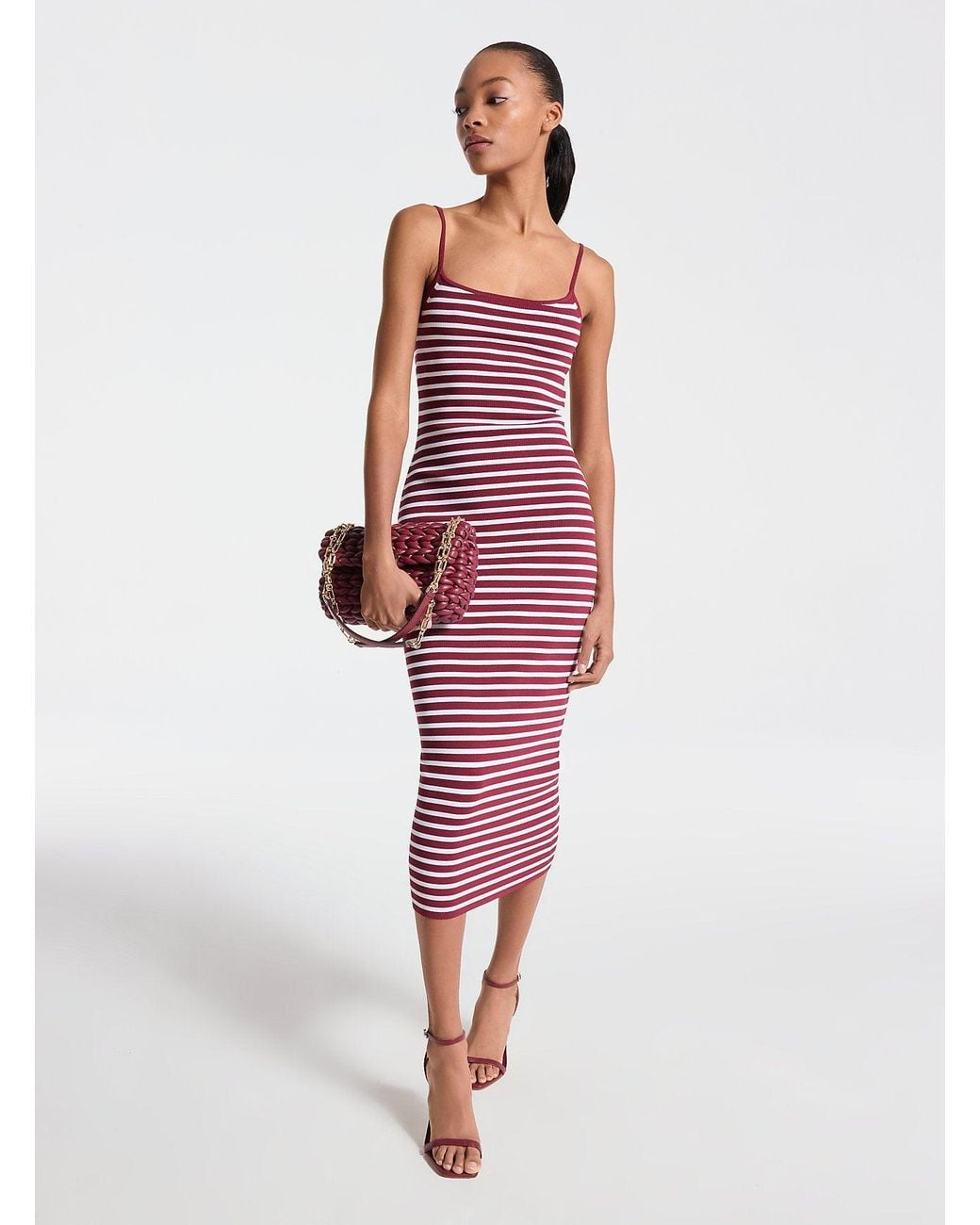 MICHAEL Michael Kors Mk Striped Stretch Viscose Blend Midi Dress in Red |  Lyst