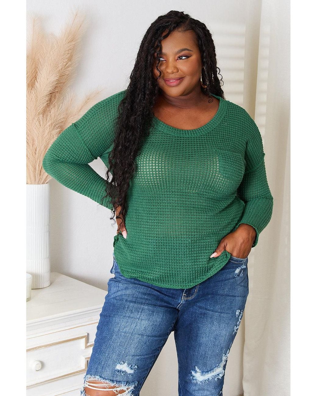 TRUEDAMES Green Full Size Scoop Neck Patch Pocket Top