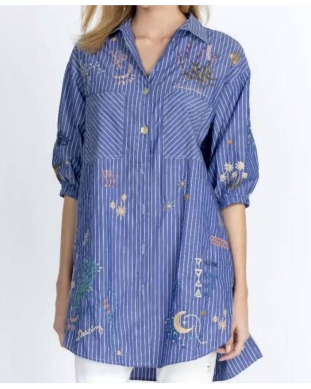 Johnny Was Sezane Button Down Embroidered Shirt Tunic in Blue Lyst