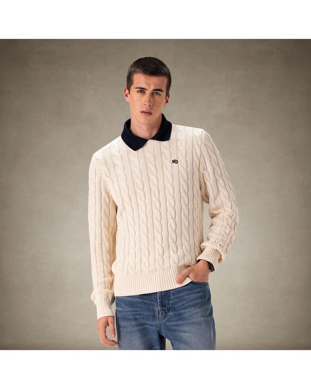 Members Only Natural Crew Neck Cable Sweater for men