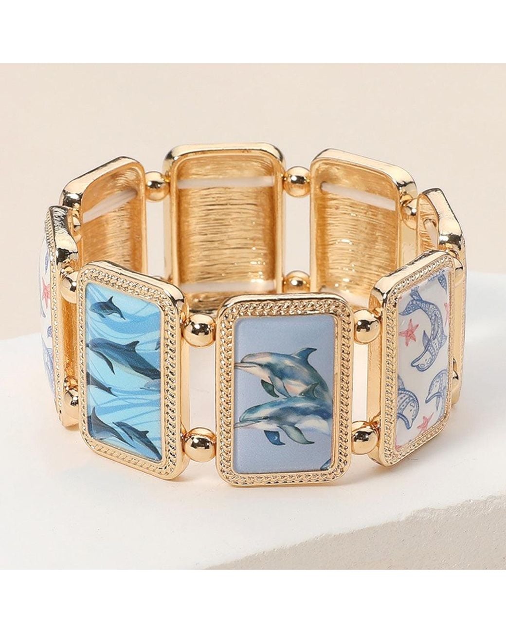 Fashnzfab Blue Rectangular Dolphin Epoxy Cluster Link Stretch Bracelet