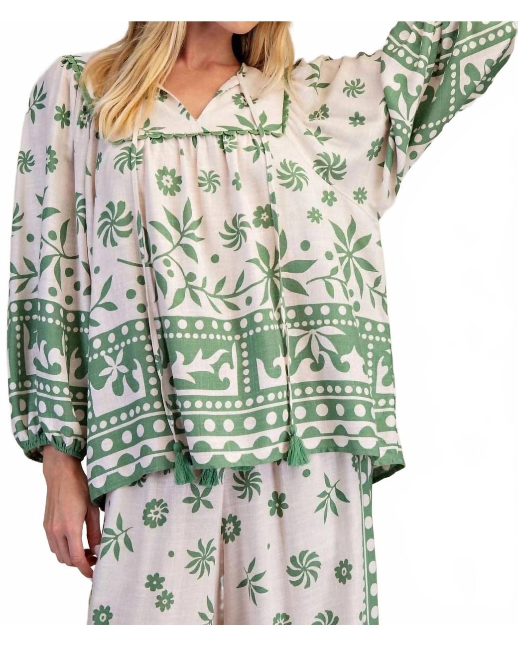 Easel Green Linen Boho Top