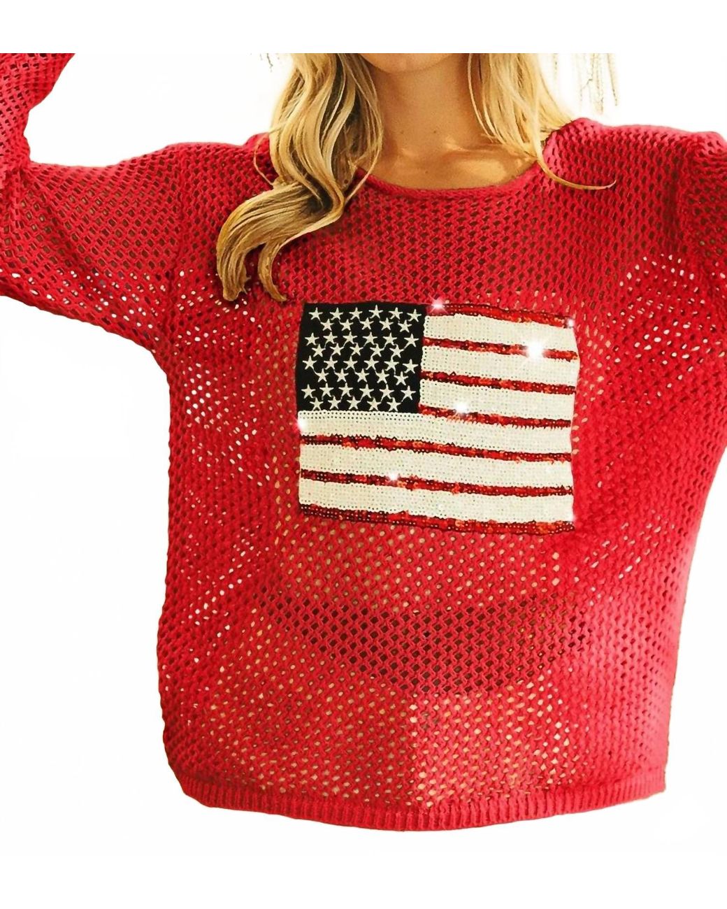 Bibi Red Sequin American Flag Patch Open Knit Cover Up