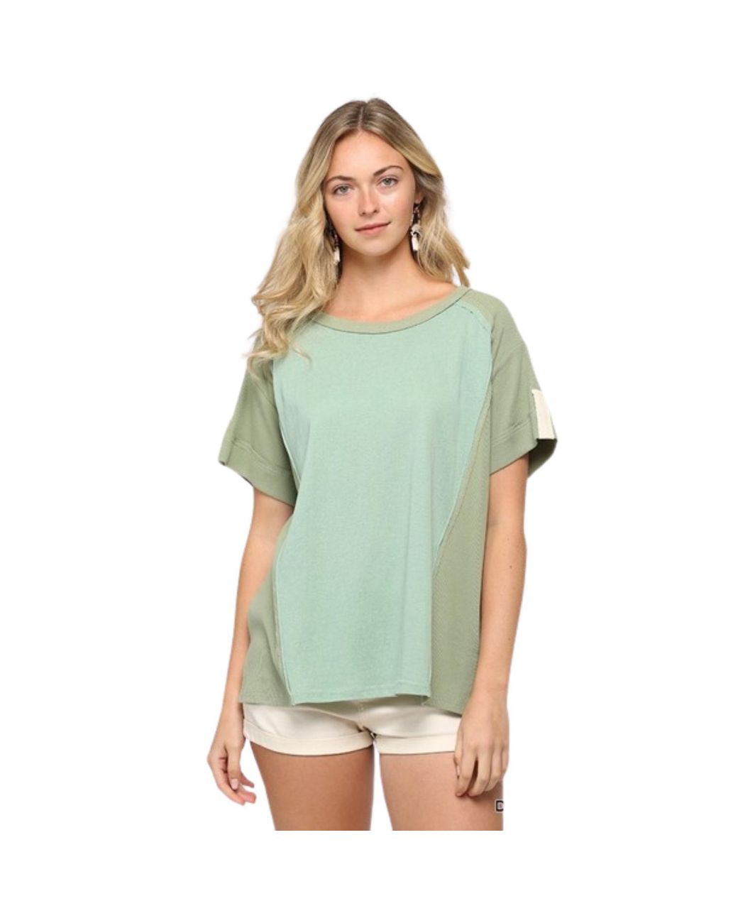 TRUEDAMES Green Ribbed And Solid Mixed Raw Edge Top