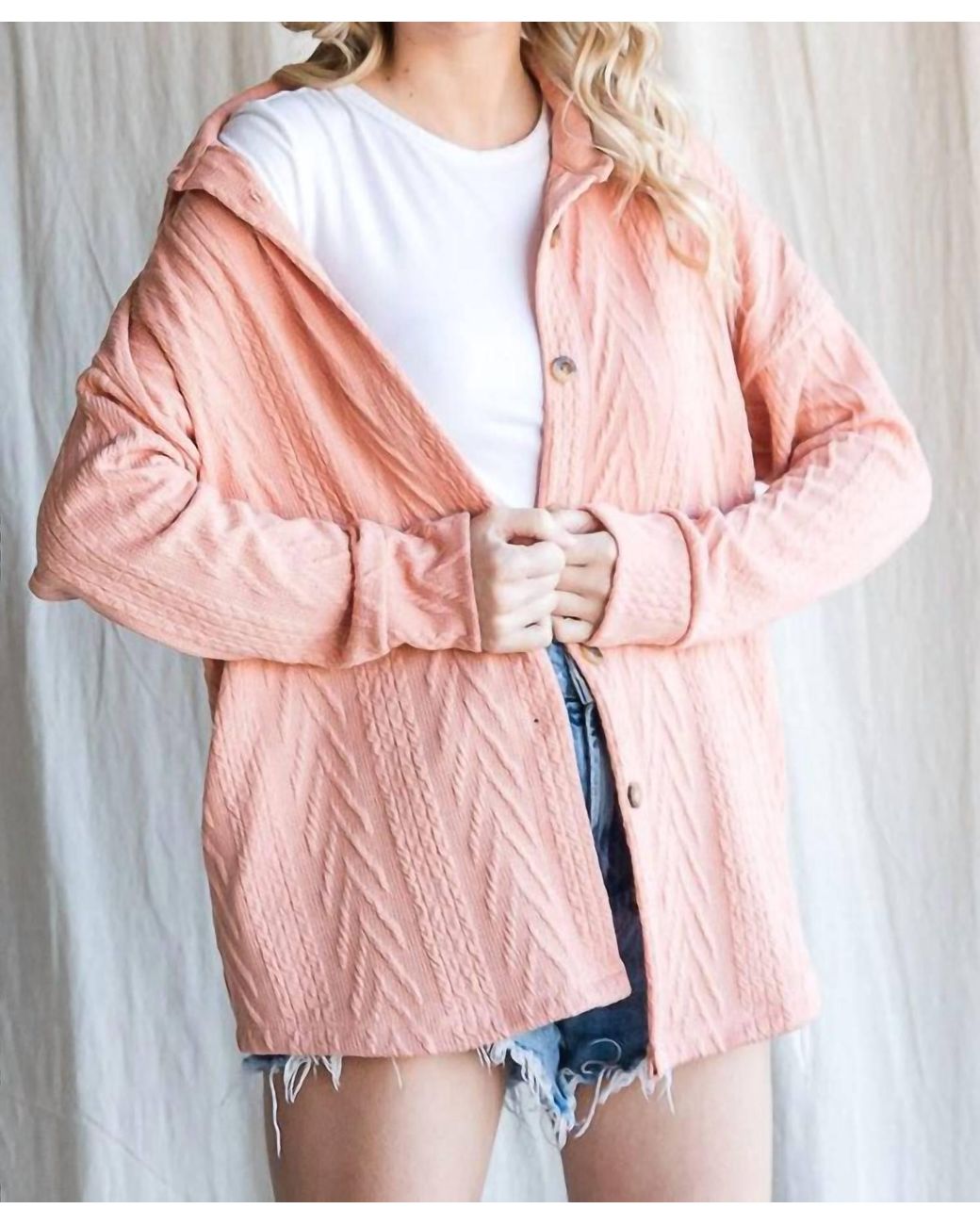 7Th Ray Pink Cable Knit Button Down Top