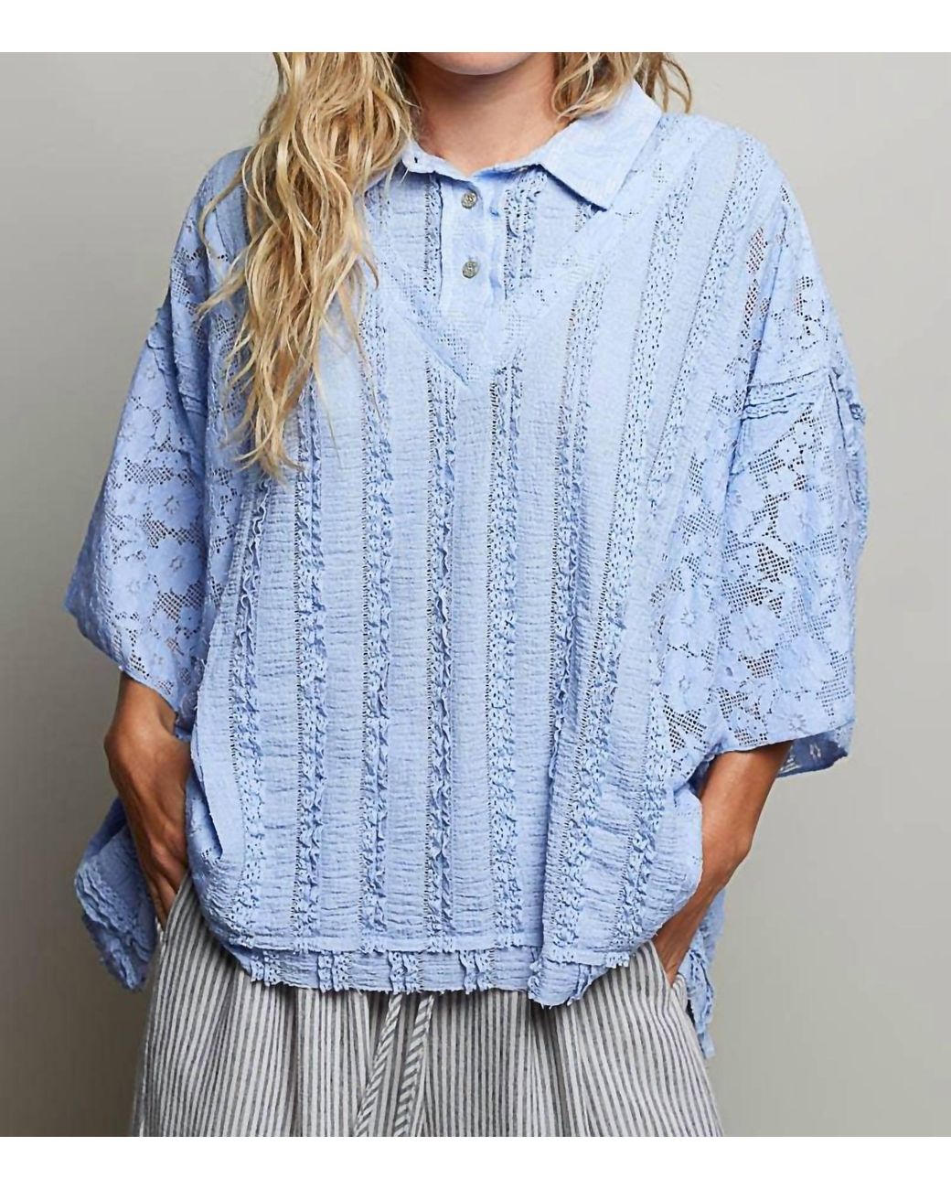 Pol Blue Lace Patch Solid Lightweight Short Sleeve Collared Knit Top