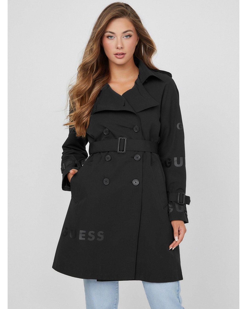 Guess Factory Madge Trench Coat in Black | Lyst