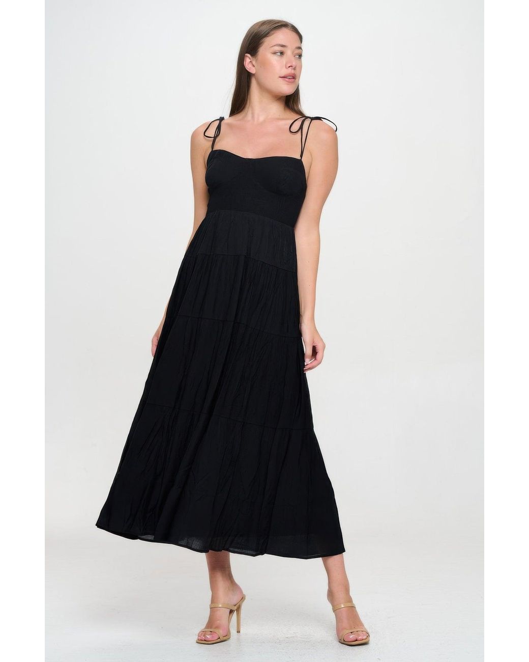 TRUEDAMES Black Solid Smocked Ruffle Maxi Dress