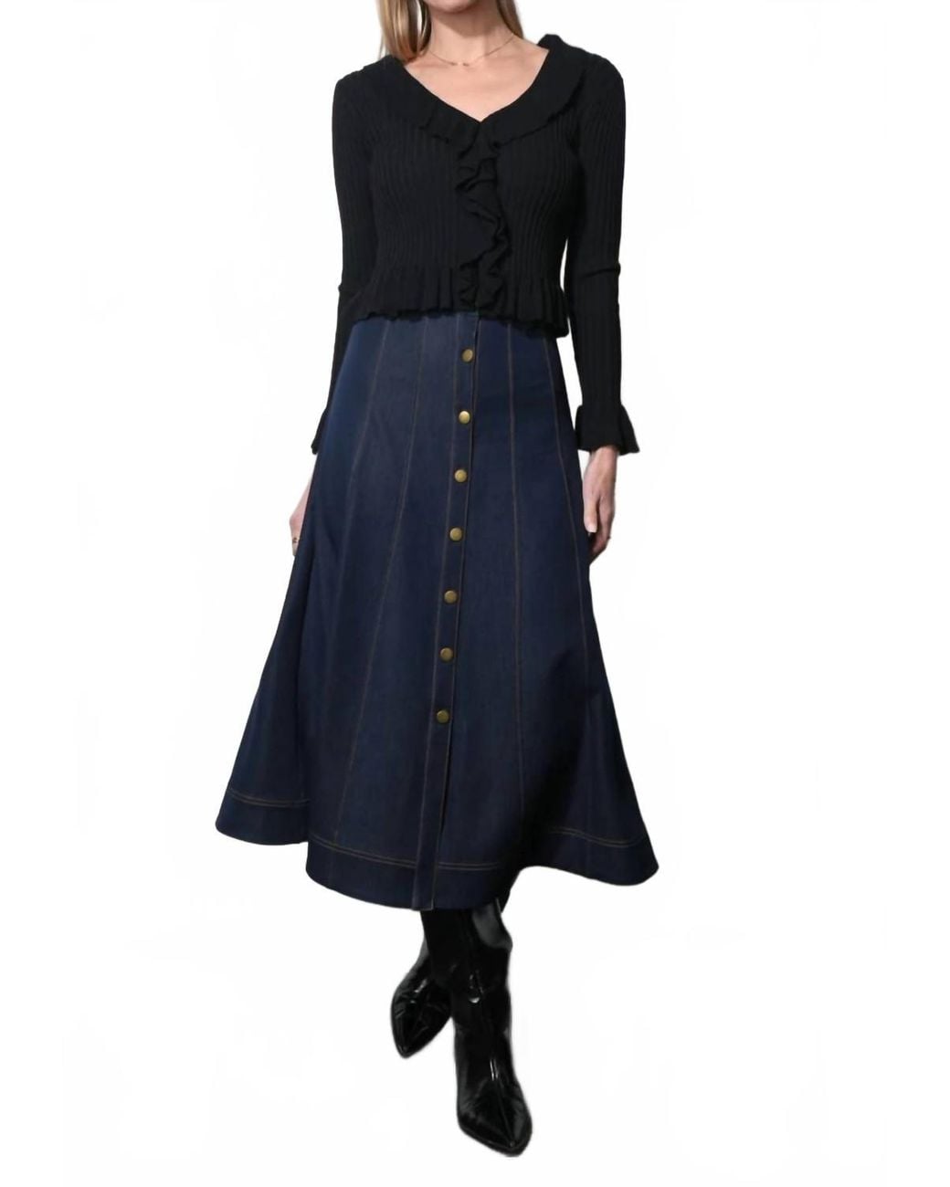 Greylin Indy Midi A-Line Denim Skirt in Blue | Lyst