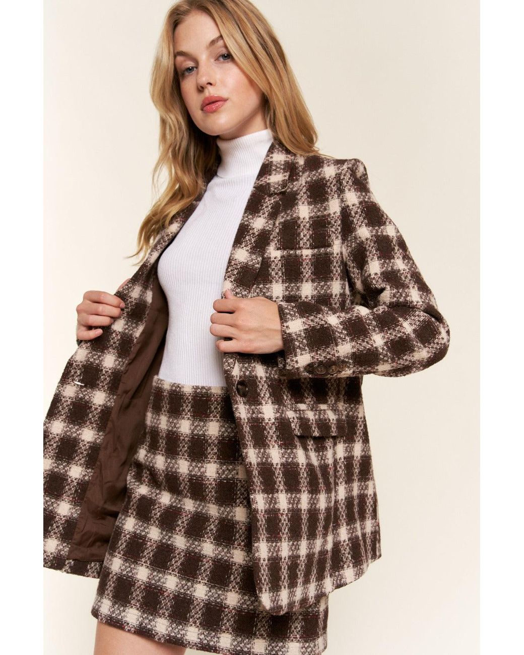 TRUEDAMES Brown Full Size Plaid Brushed One Button Blazer