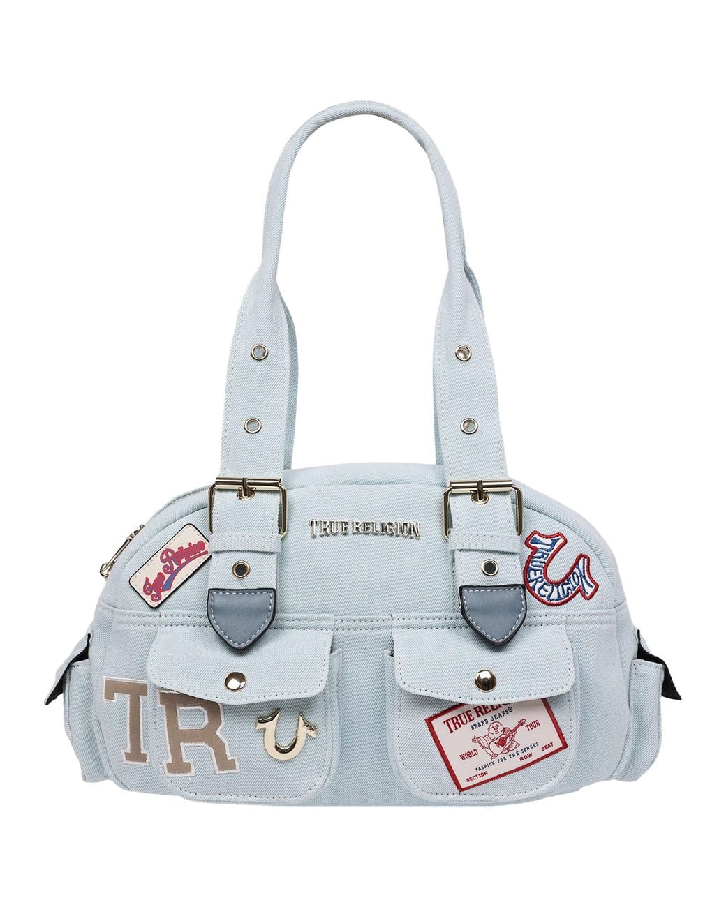 True Religion Blue Multi Patch Satchel
