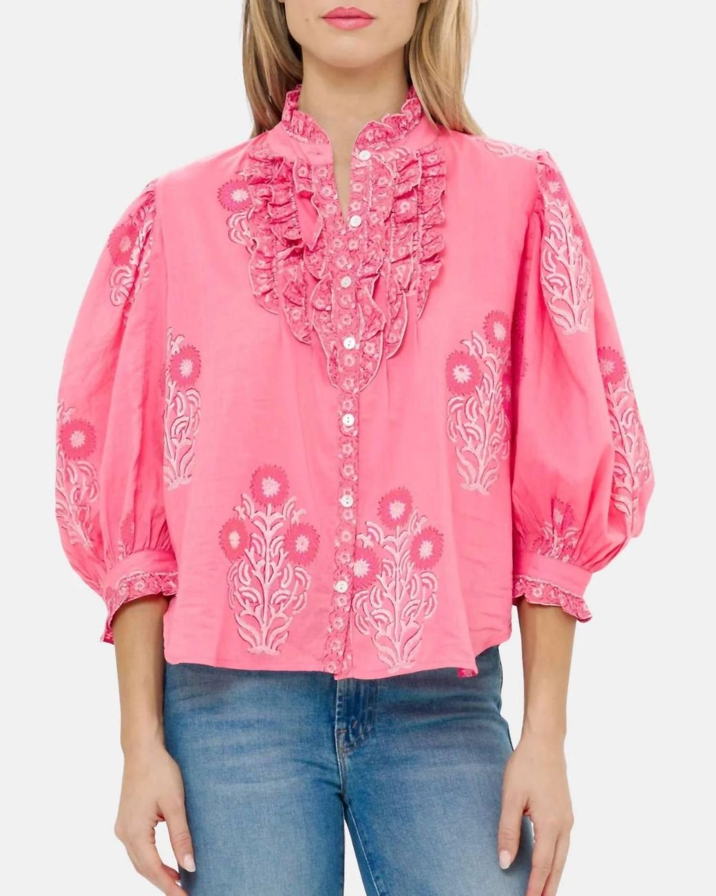 Oliphant Red Ruffle Front Button Blouse