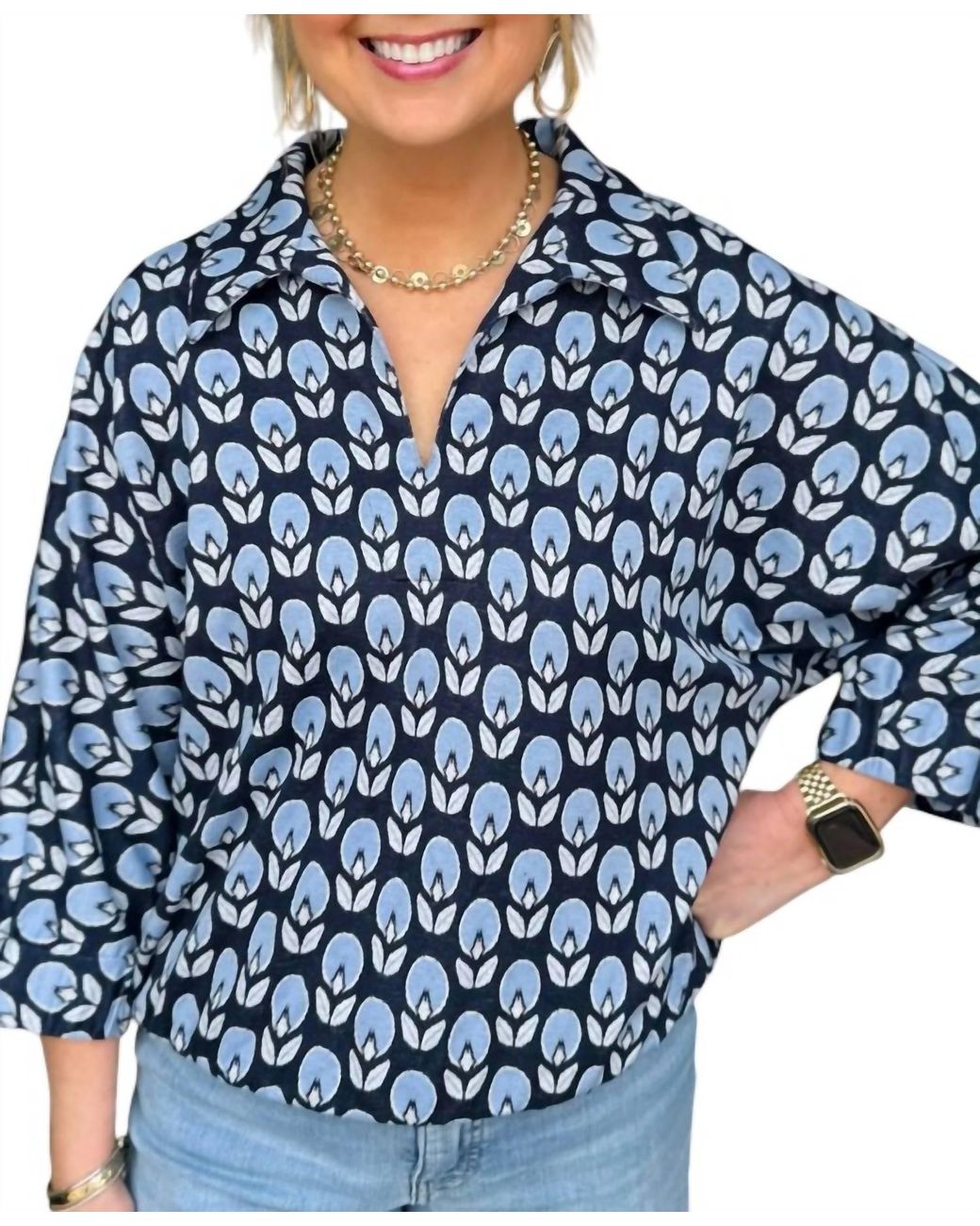 Ivy Jane Blue Collared Popover Top