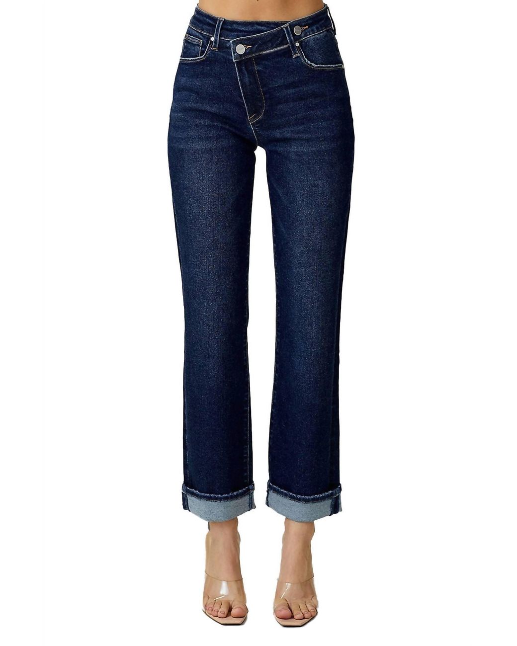 Risen High Rise Crossover Straight Leg Jeans in Blue | Lyst