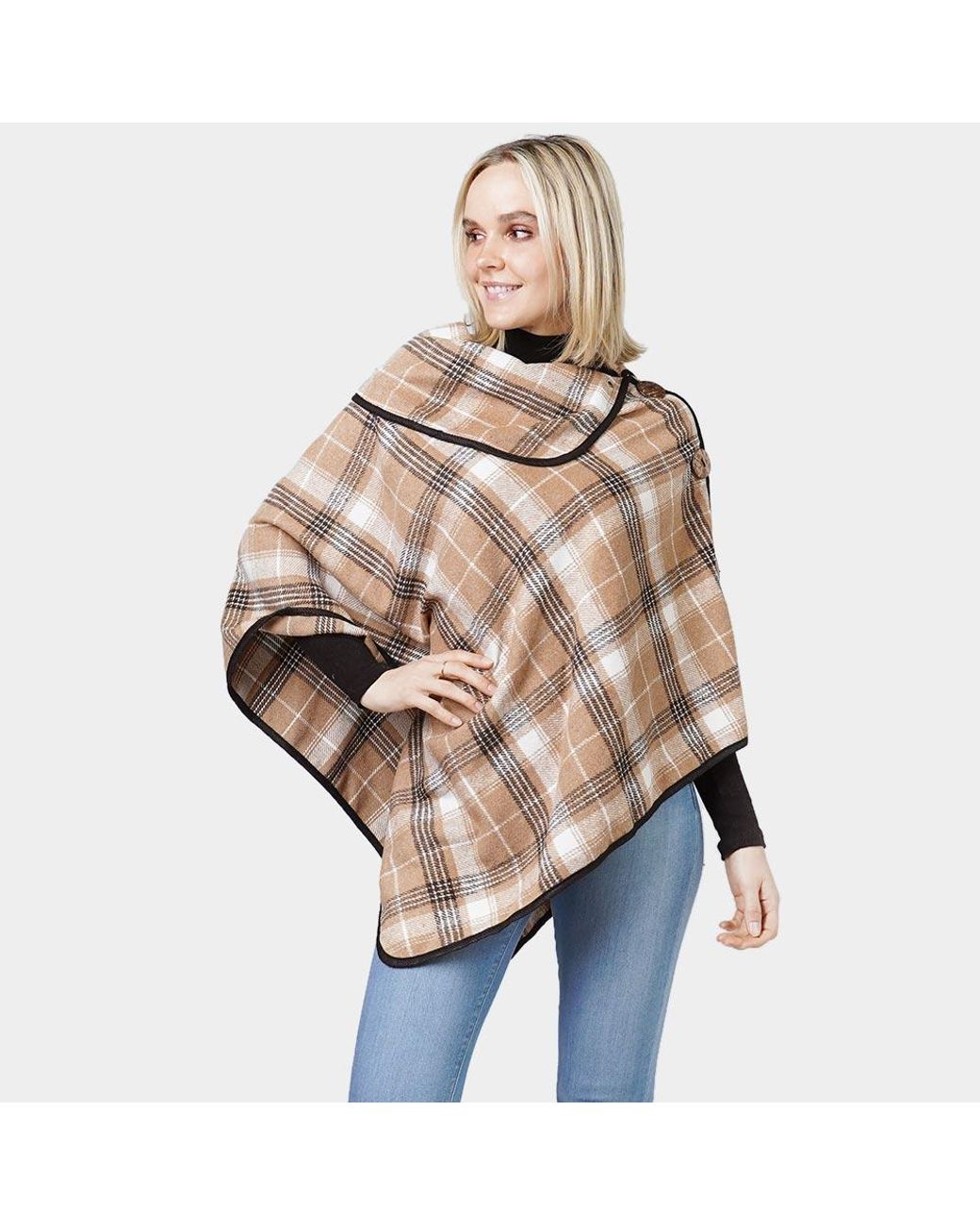 TRUEDAMES Natural Plaid Check Patterned Coconut Button Poncho