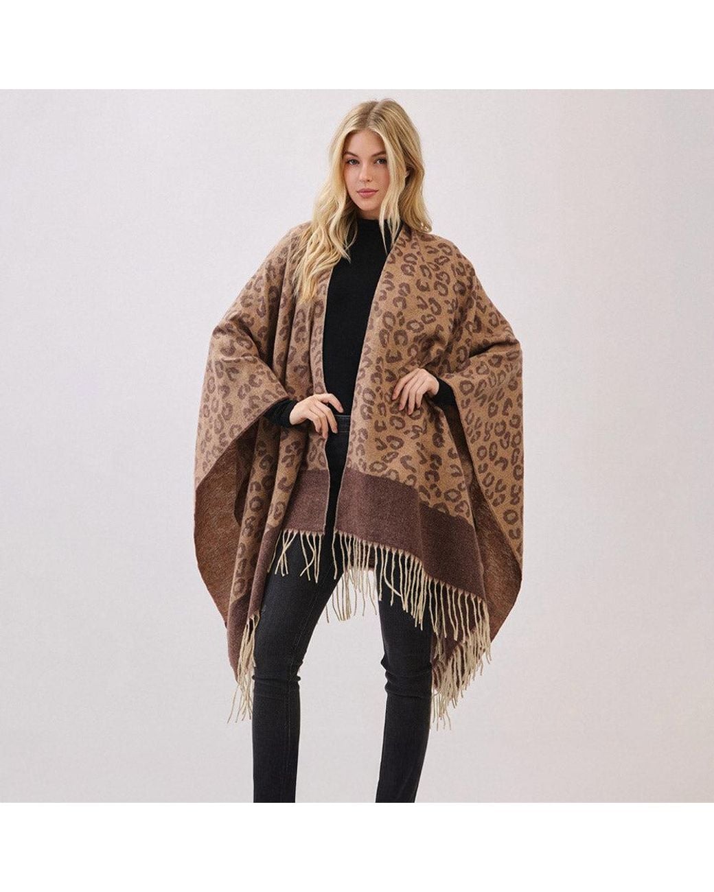 TRUEDAMES Brown Leopard Pattern Fringe Poncho Wrap