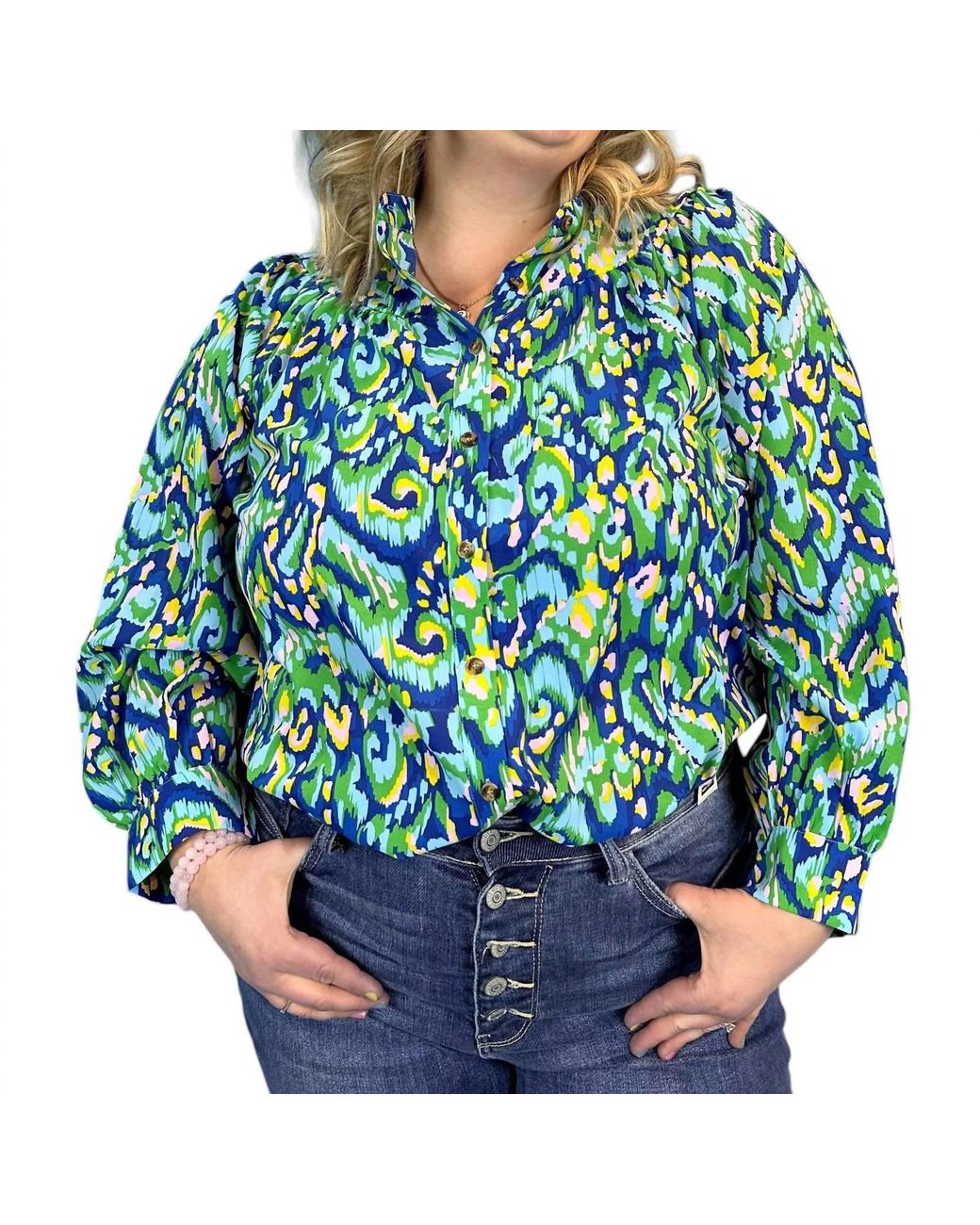 First Love Blue Abstract Print Mandarin Collar Button Down Top