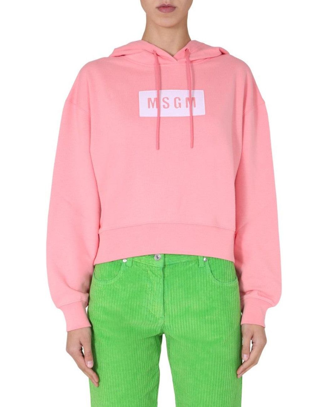 MSGM Red Cropped Boxy Hoodie With Drawstring