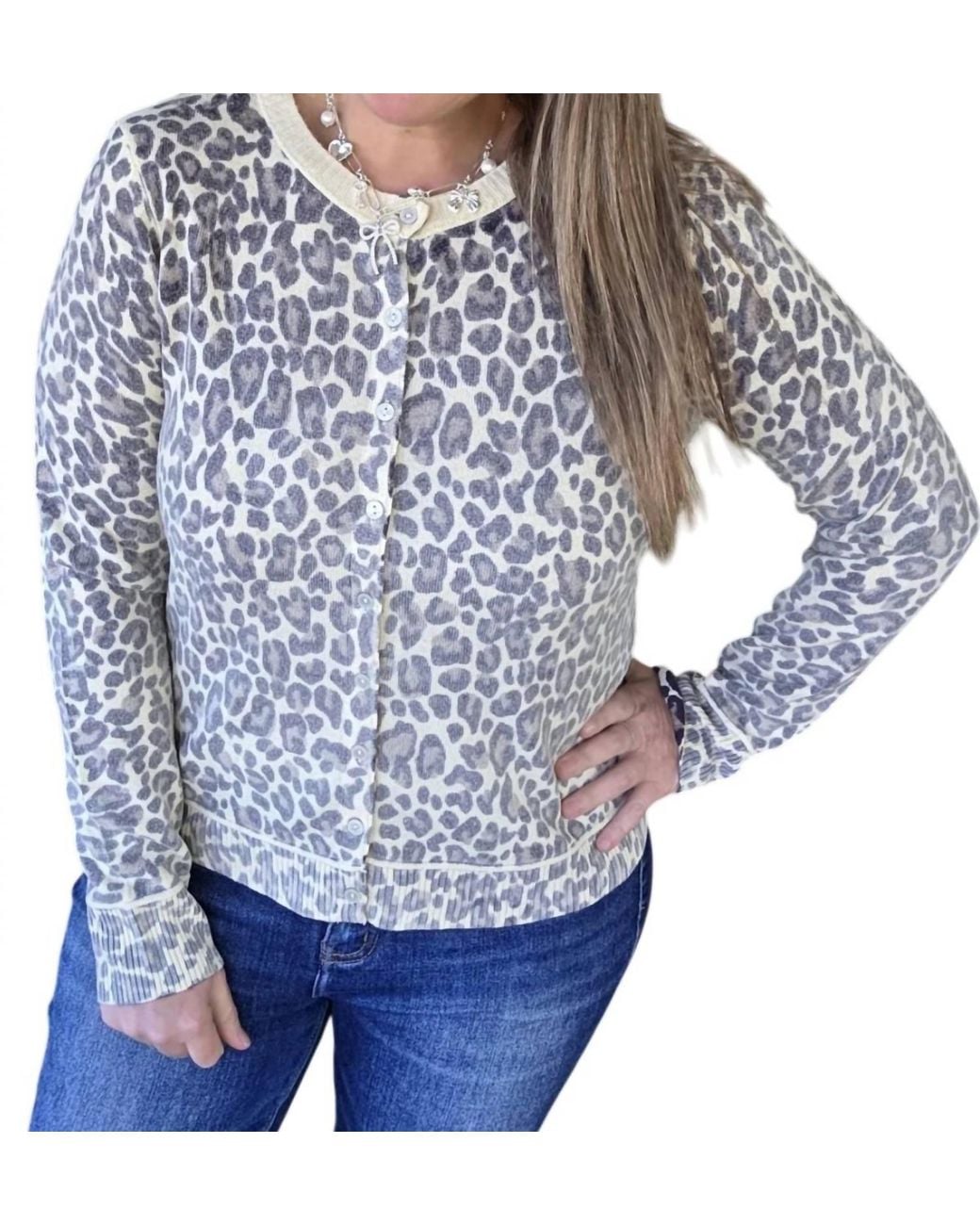 Staccato Blue Inside Out Button Down Leopard Cardigan