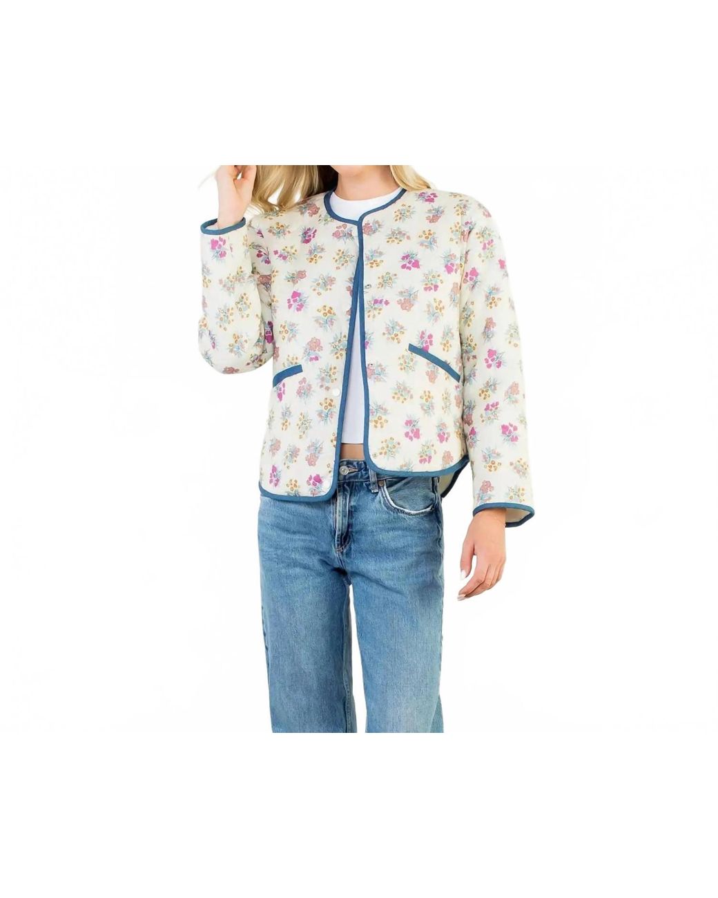 Thml Blue Floral Pattern Quilted Jacket