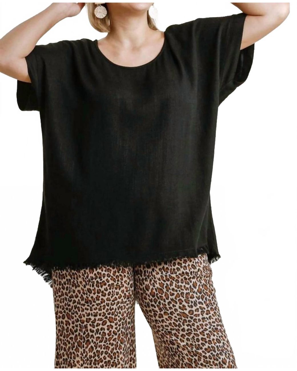 Umgee Black Frayed Hem Top