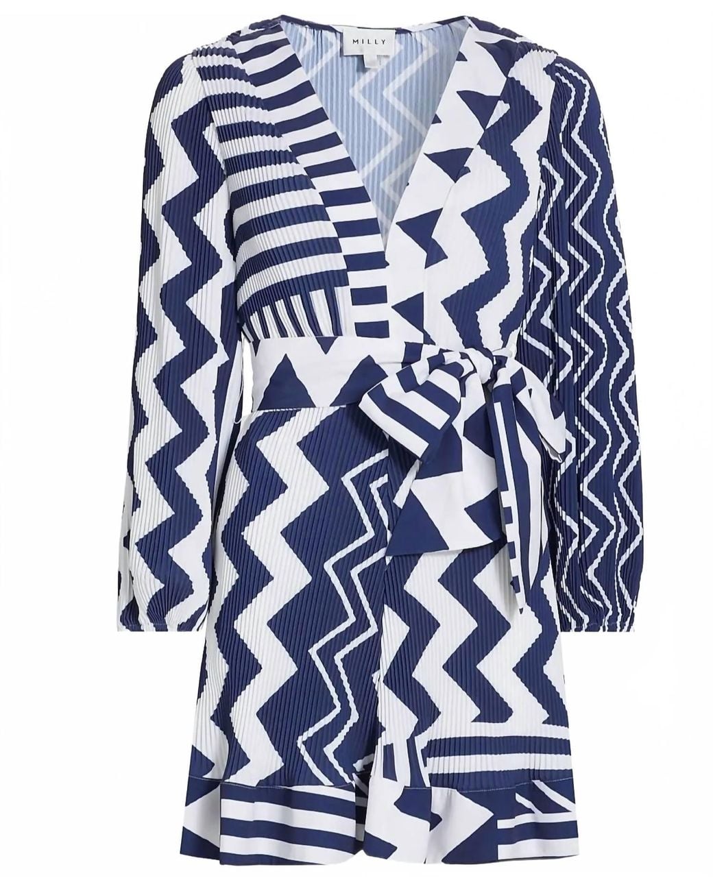 MILLY Blue Liv Patchwork Chevron Pleated Dress